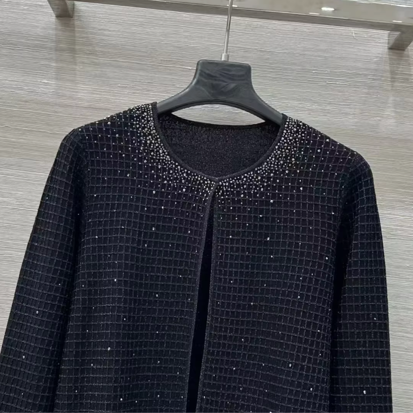 Women Gold Thread Plaid Rhinestone Knit Three Piece Set