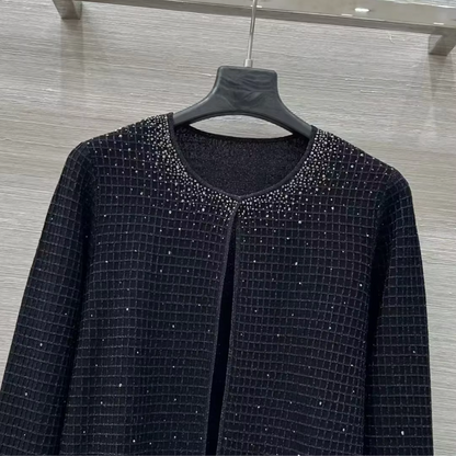 Women Gold Thread Plaid Rhinestone Knit Three Piece Set