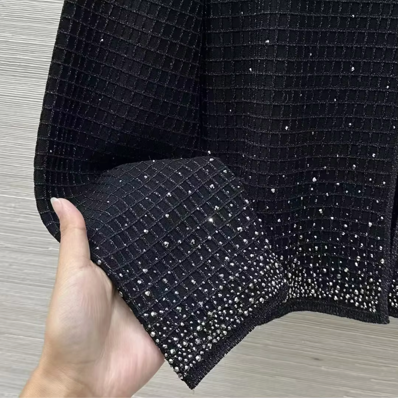 Women Gold Thread Plaid Rhinestone Knit Three Piece Set