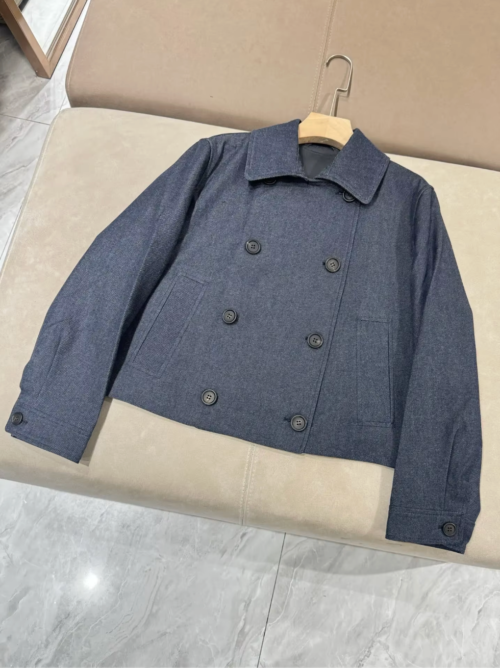 Women Double Breasted Short Wool Coat Mulberry Silk Lined