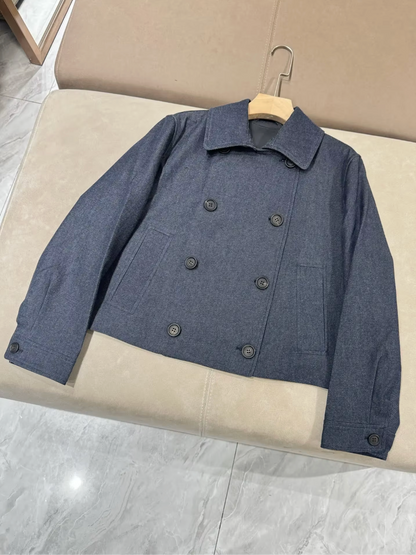 Women Double Breasted Short Wool Coat Mulberry Silk Lined