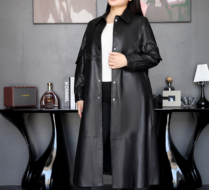 Women Long Leather Coat Plus Size Trench with Button Front
