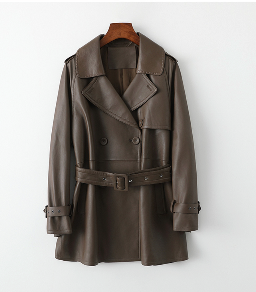 Women Leather Trench Coat Mid-Length Brown Coat