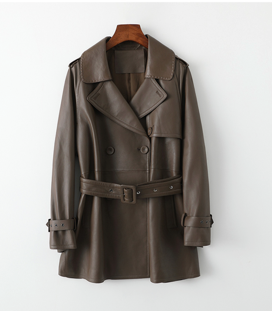 Women Leather Trench Coat Mid-Length Brown Coat