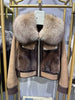 Women Real Fur Bomber Jacket Genuine Sheepskin with Fox Collar