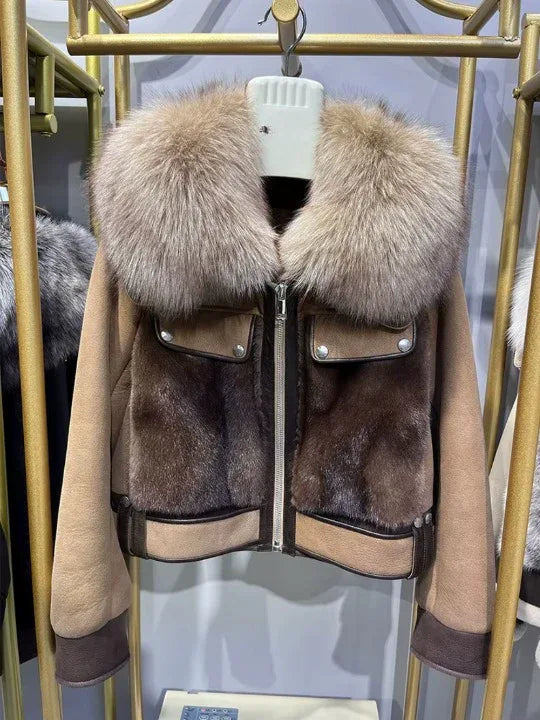 Women Real Fur Bomber Jacket With Fox Collar