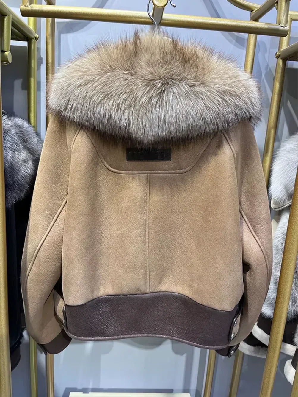 Women Real Fur Bomber Jacket Genuine Sheepskin with Fox Collar
