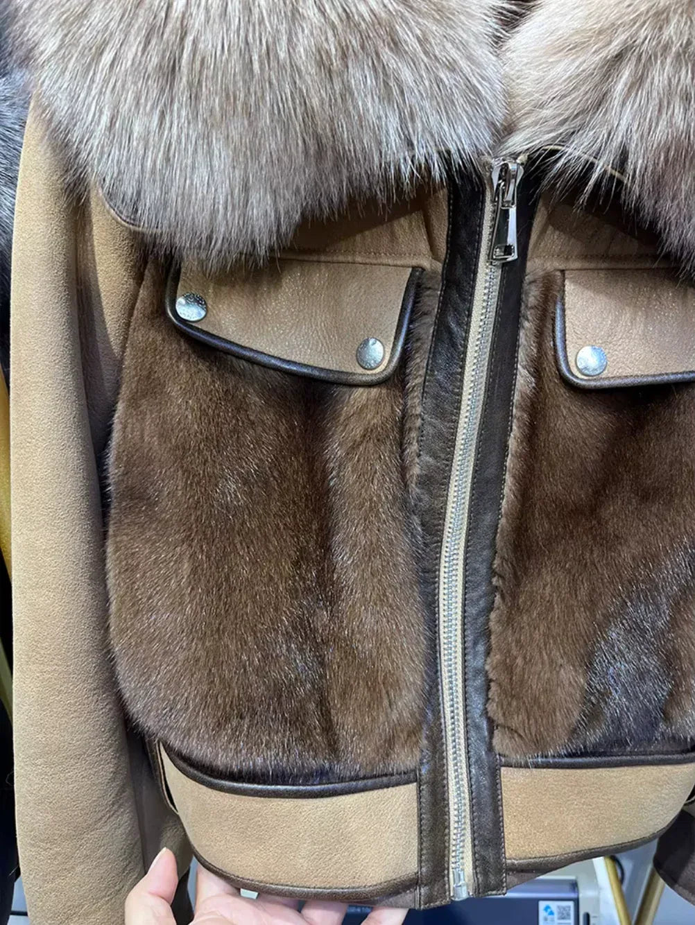 Women Real Fur Bomber Jacket With Fox Collar