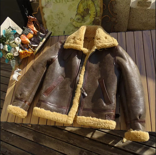 Men’s Real Shearling Bomber Jacket Aviator Winter Coat