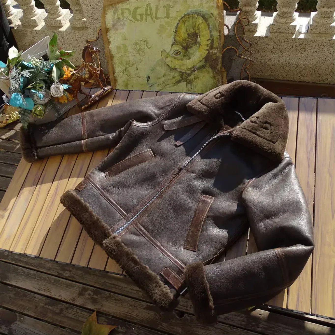 Men’s Dark Brown Shearling Bomber Jacket Aviator Coat