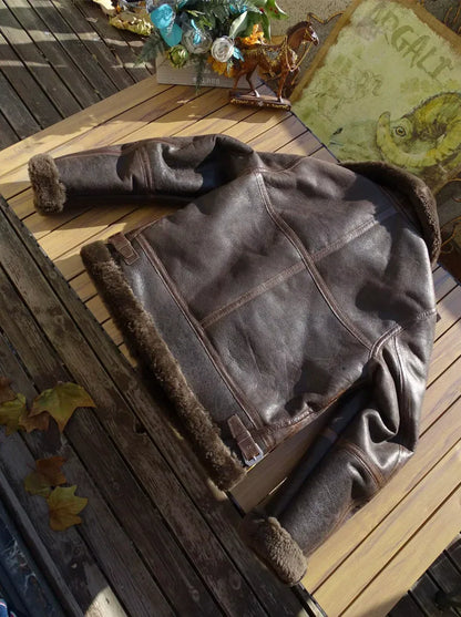 Men’s Dark Brown Shearling Bomber Jacket Aviator Coat