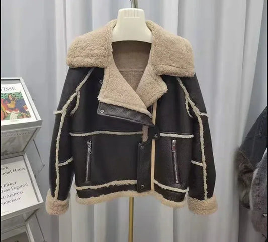 Women Real Fur Jacket Sheepskin Leather Bomber