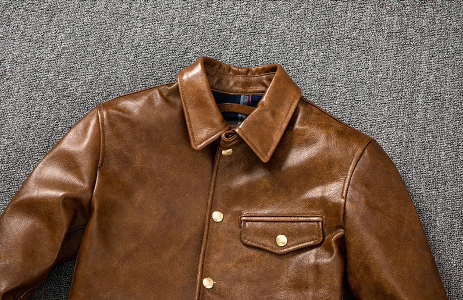 Oil Wax Leather Jacket Men Brown Slim Fit Boxer Style