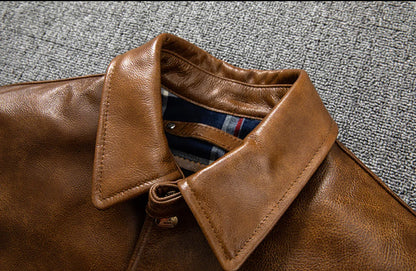 Oil Wax Leather Jacket Men Brown Slim Fit Boxer Style