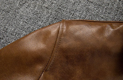 Oil Wax Leather Jacket Men Brown Slim Fit Boxer Style