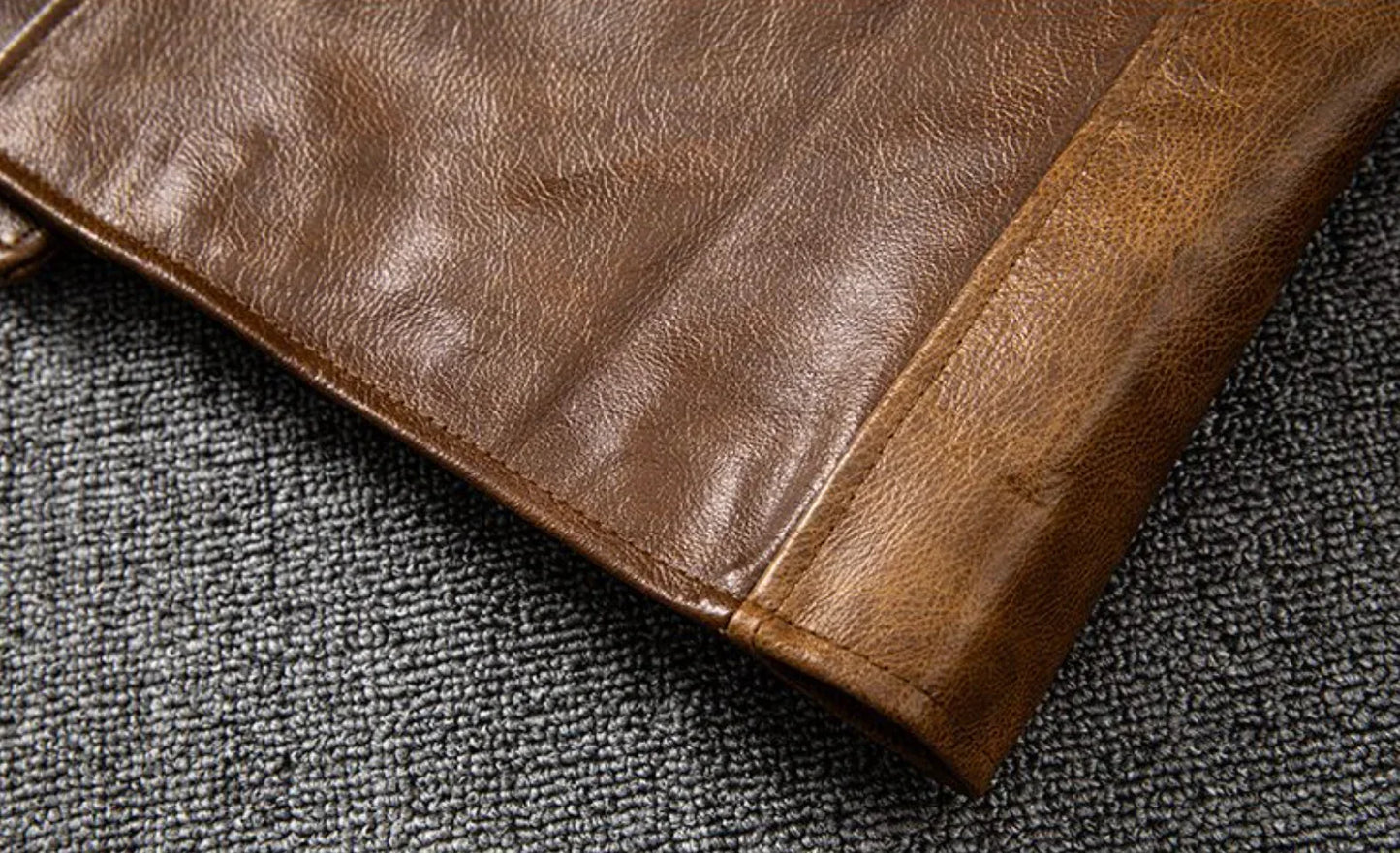 Oil Wax Leather Jacket Men Brown Slim Fit Boxer Style
