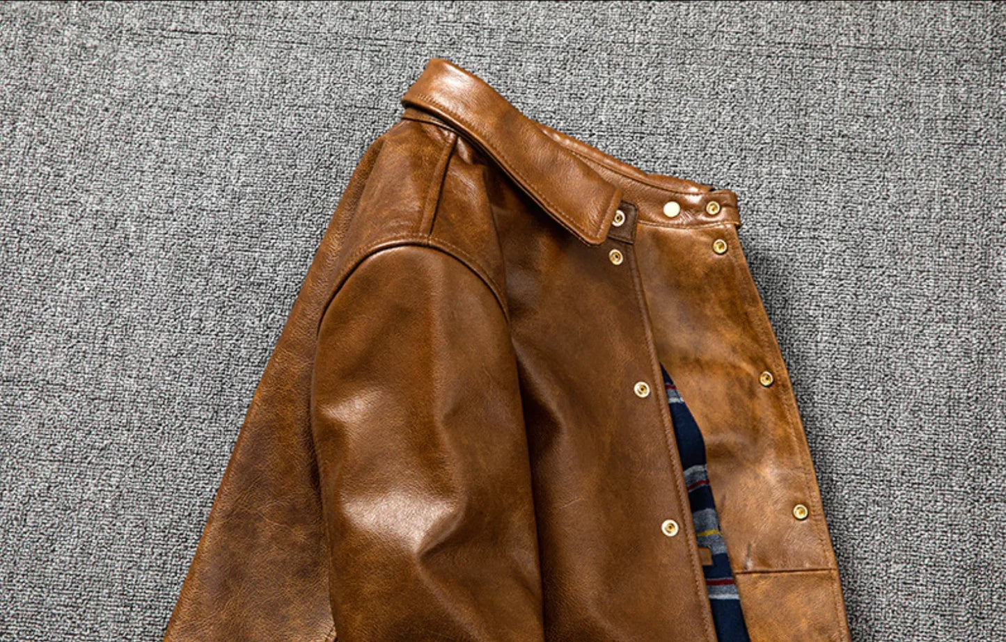 Oil Wax Leather Jacket Men Brown Slim Fit Boxer Style