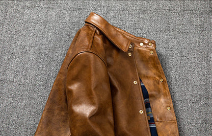 Oil Wax Leather Jacket Men Brown Slim Fit Boxer Style