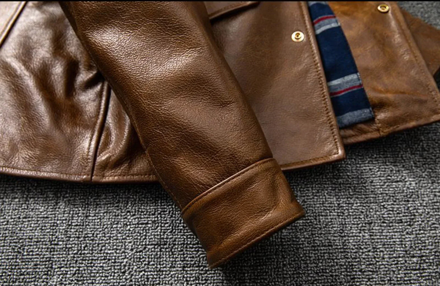 Oil Wax Leather Jacket Men Brown Slim Fit Boxer Style