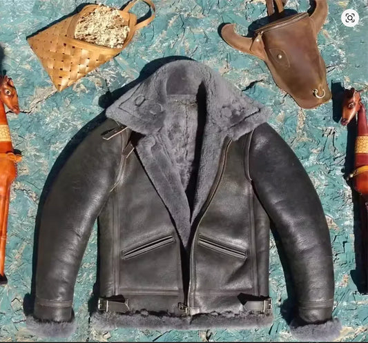 Men’s Shearling Leather Aviator Jacket B3 Winter Fur Coat