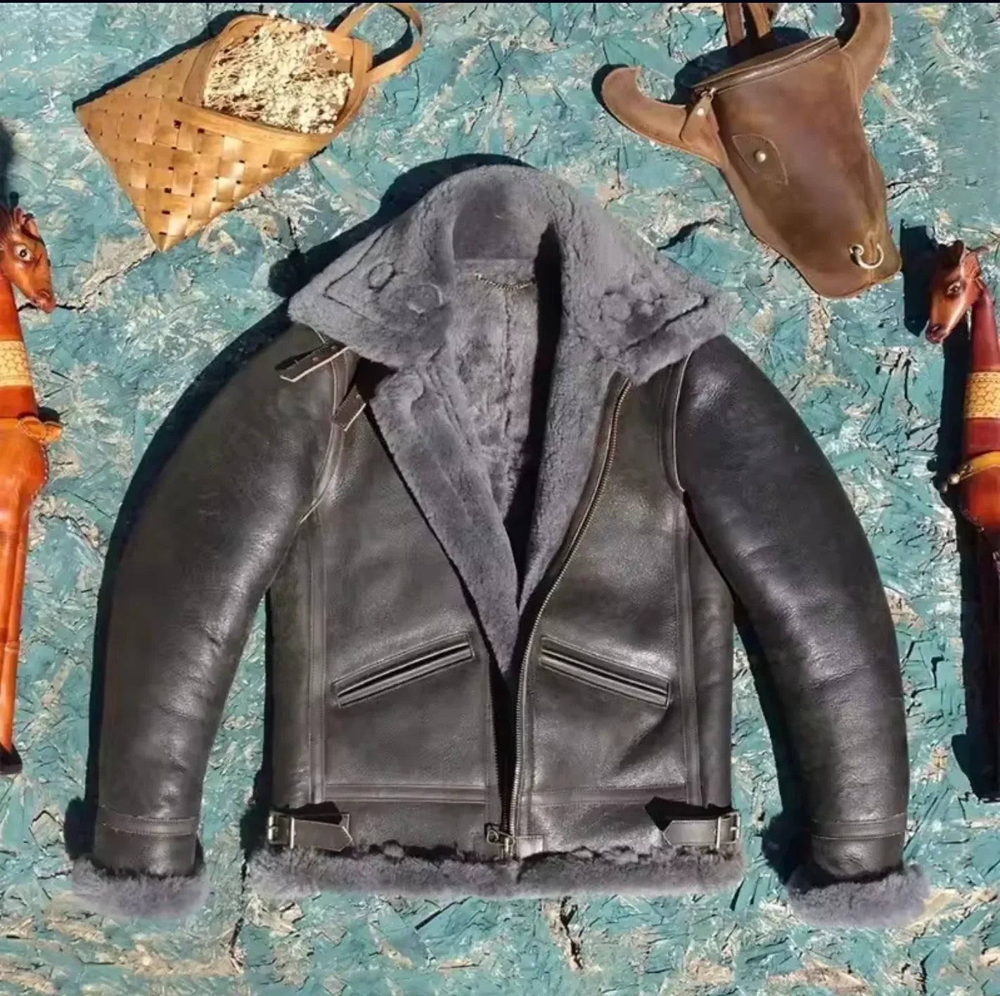 Men’s Shearling Leather Aviator Jacket B3 Winter Fur Coat