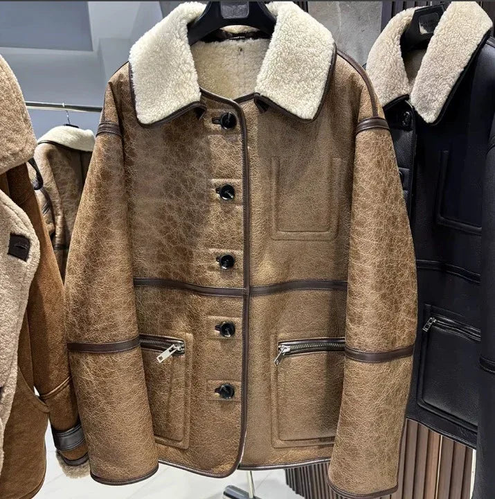 Women’s Shearling Leather Jacket Brown Reversible