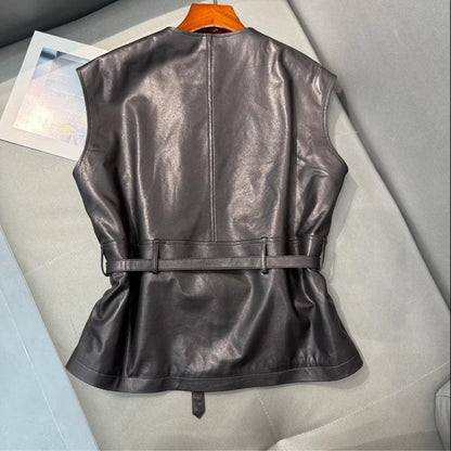 Women Leather Tie Waist Vest Sheepskin Waistcoat
