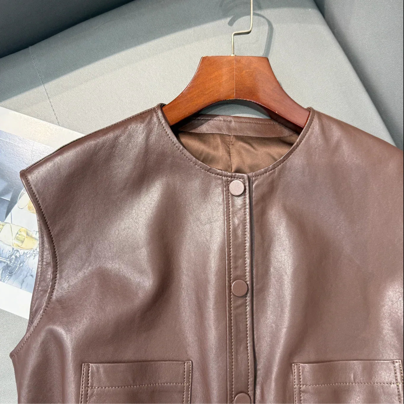 Women Leather Tie Waist Vest Sheepskin Waistcoat