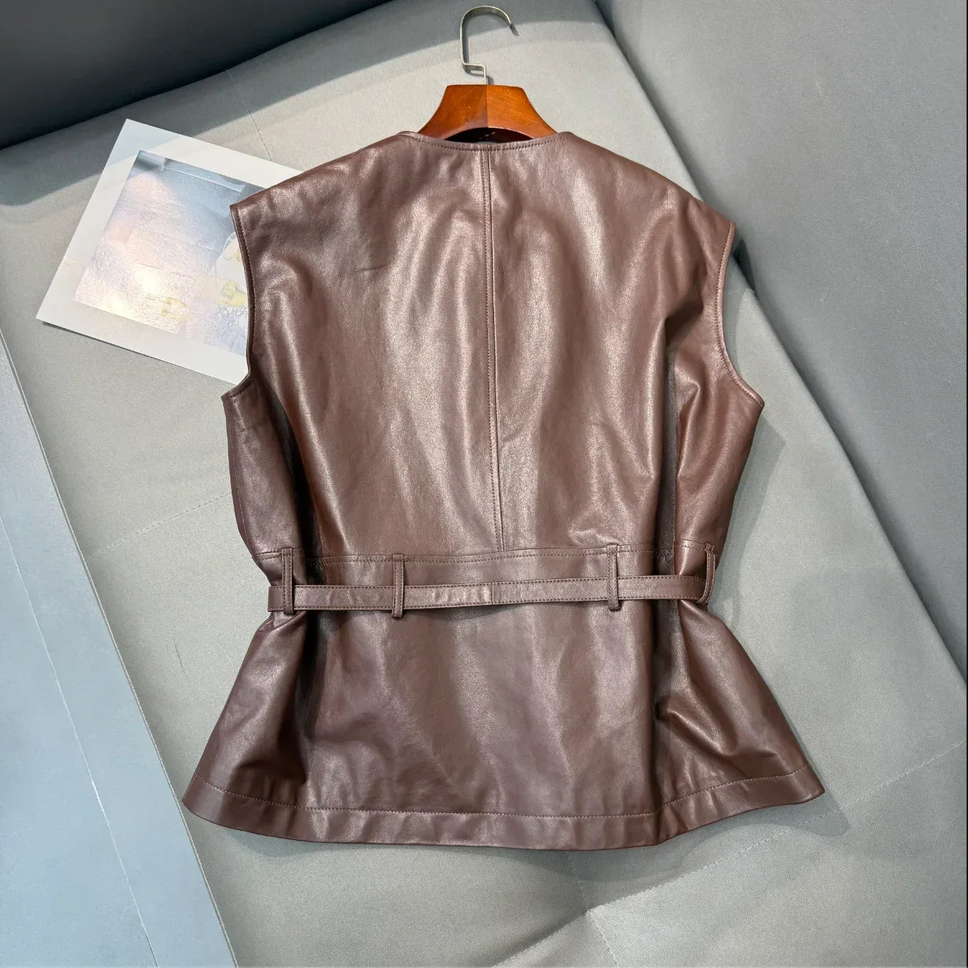 Women Leather Tie Waist Vest Sheepskin Waistcoat