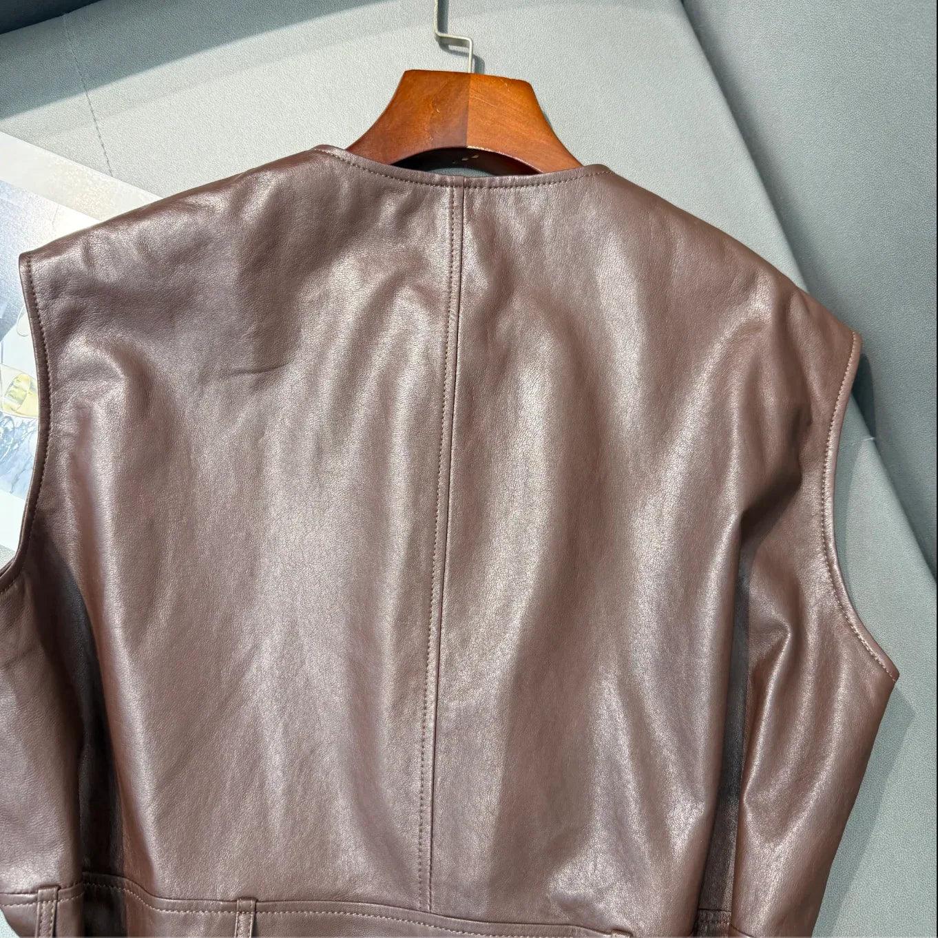 Women Leather Tie Waist Vest Sheepskin Waistcoat