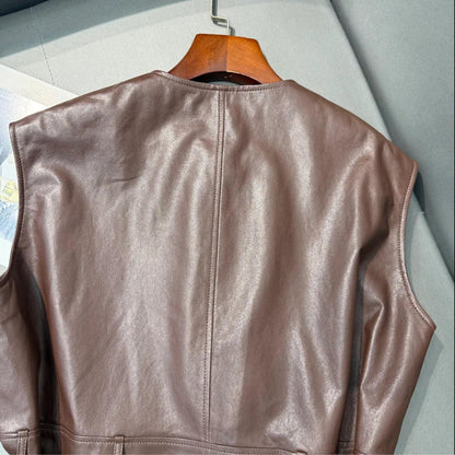 Women Leather Tie Waist Vest Sheepskin Waistcoat
