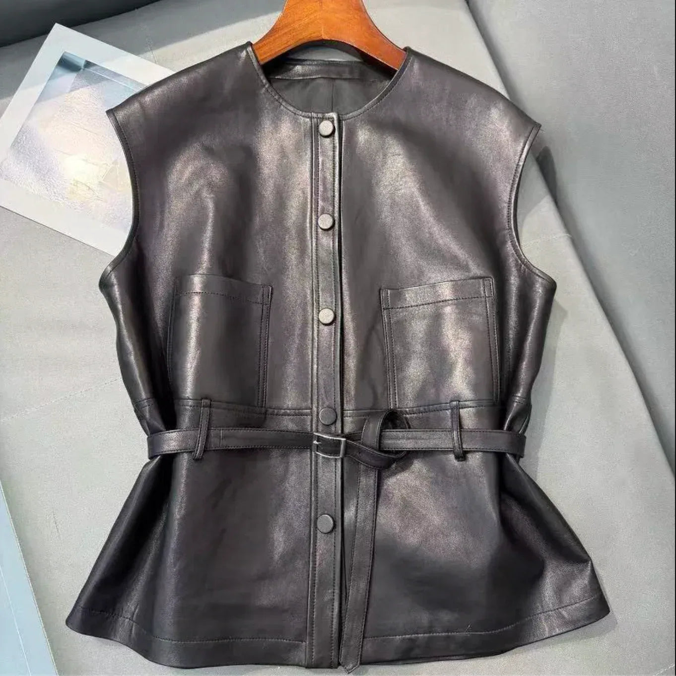 Women Leather Tie Waist Vest Sheepskin Waistcoat 2 S
