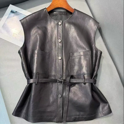 Women Leather Tie Waist Vest Sheepskin Waistcoat 2 S