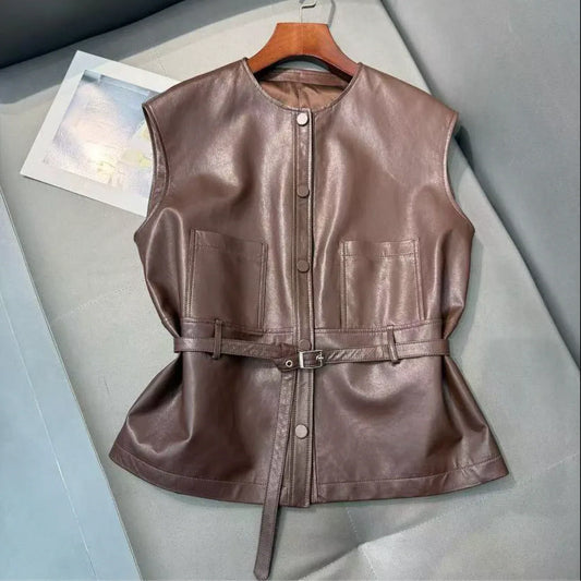 Women Leather Tie Waist Vest Sheepskin Waistcoat 1 S