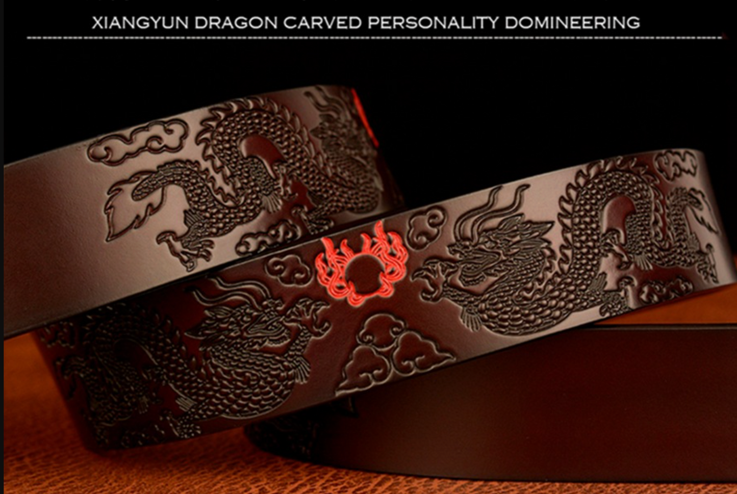 Men’s Genuine Cowhide Leather Belt with Double Dragon Oval Buckle