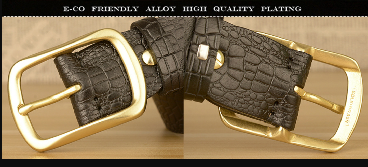Men Leather Belt with Copper Buckle Crocodile Pattern