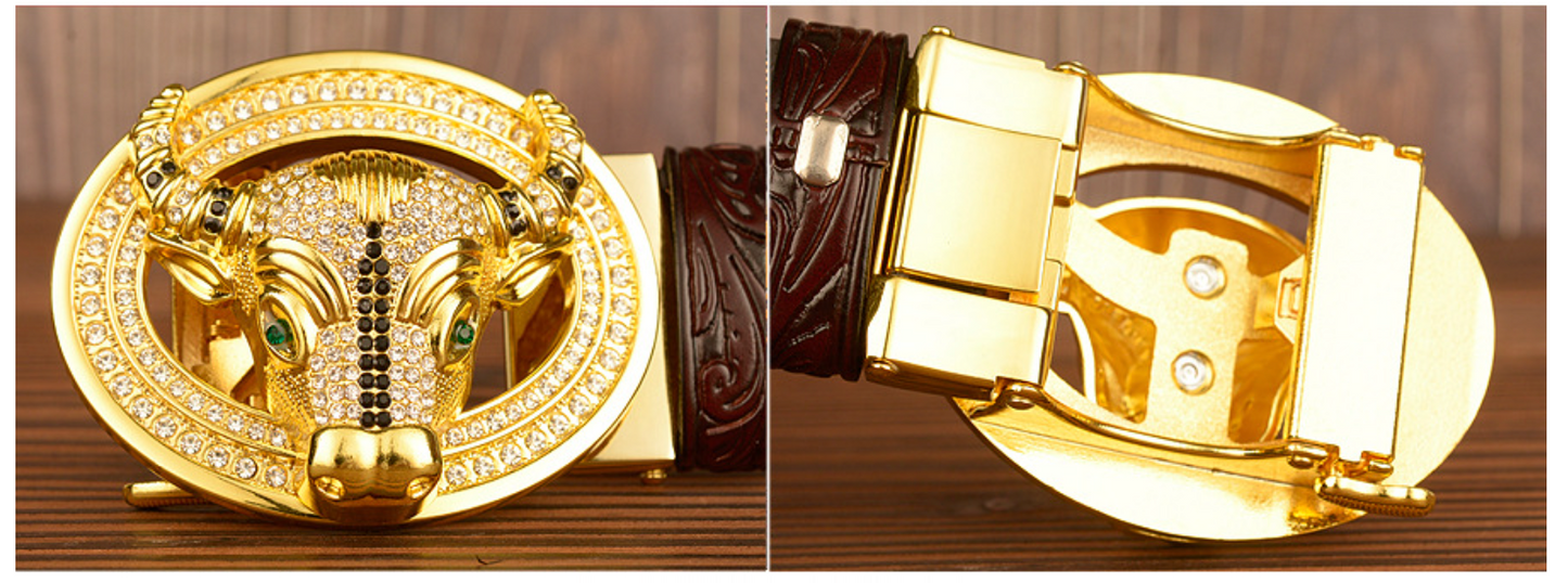 Men’s Leather Cowboy Belt with Bull Head Buckle