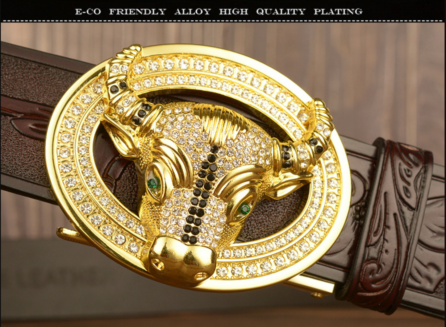 Men’s Leather Cowboy Belt with Bull Head Buckle