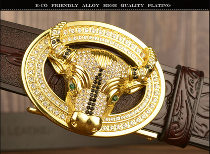 Men’s Leather Cowboy Belt with Bull Head Buckle