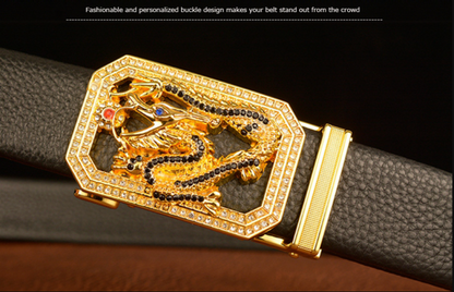 Men’s Cowhide Leather Belt with Rhinestone Dragon Buckle