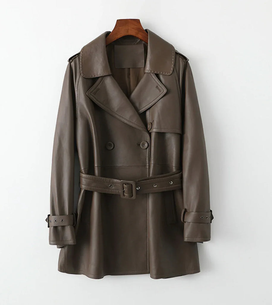 Women Genuine Sheepskin Mid-Length Trench