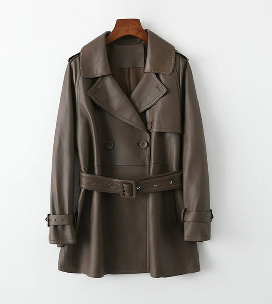 Women Genuine Sheepskin Mid-Length Trench