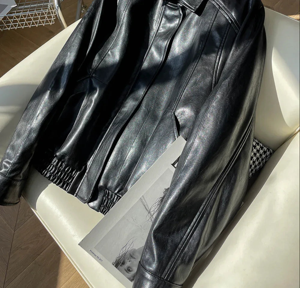 Women Oil-Waxed Oversized Genuine Sheepskin Leather Jacket