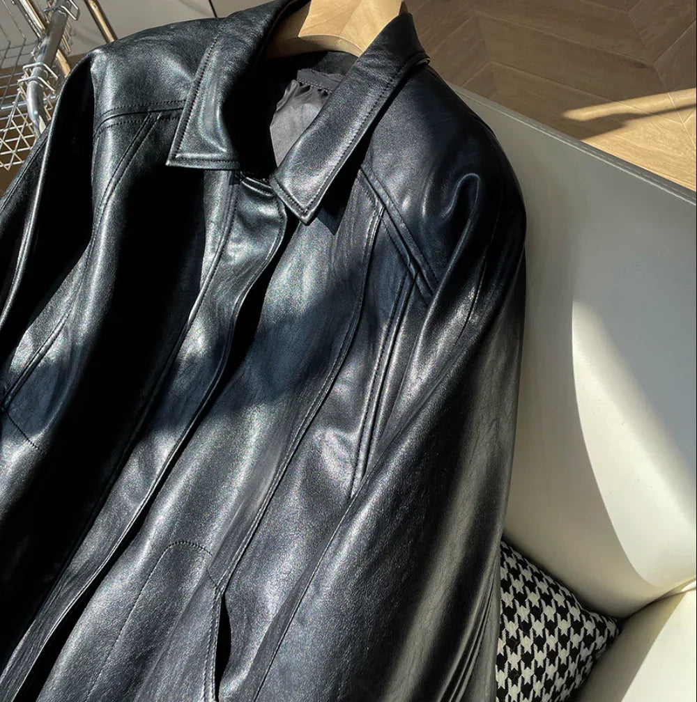 Women Oil-Waxed Oversized Genuine Sheepskin Leather Jacket