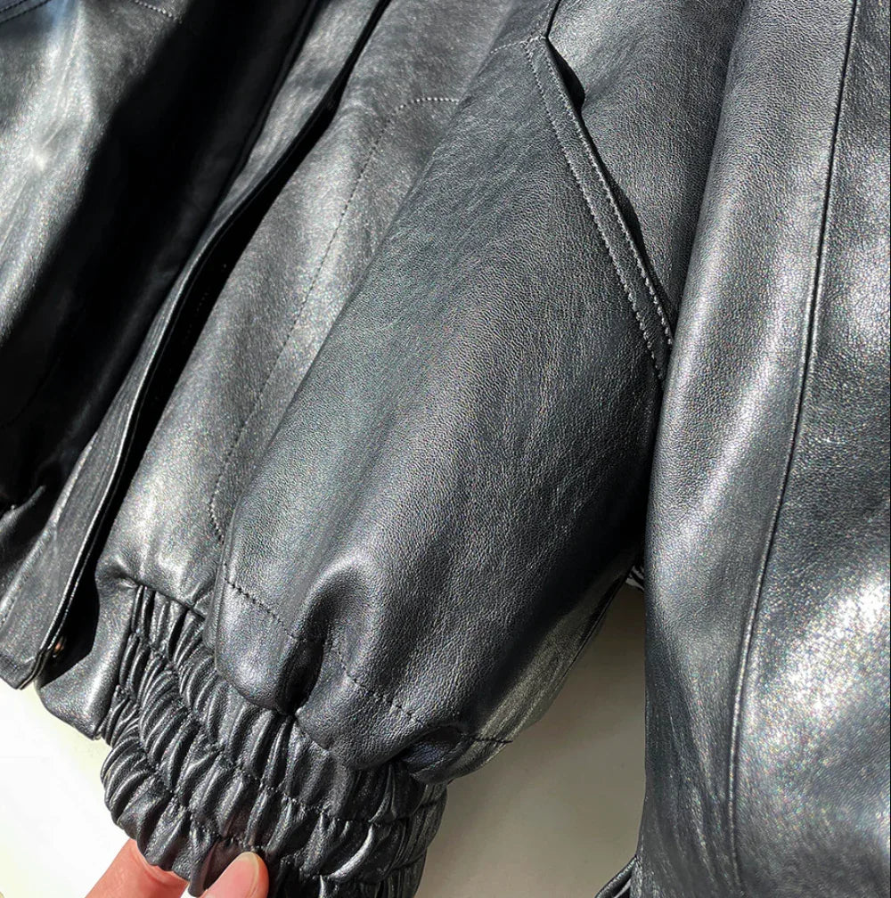 Women Oil-Waxed Oversized Genuine Sheepskin Leather Jacket