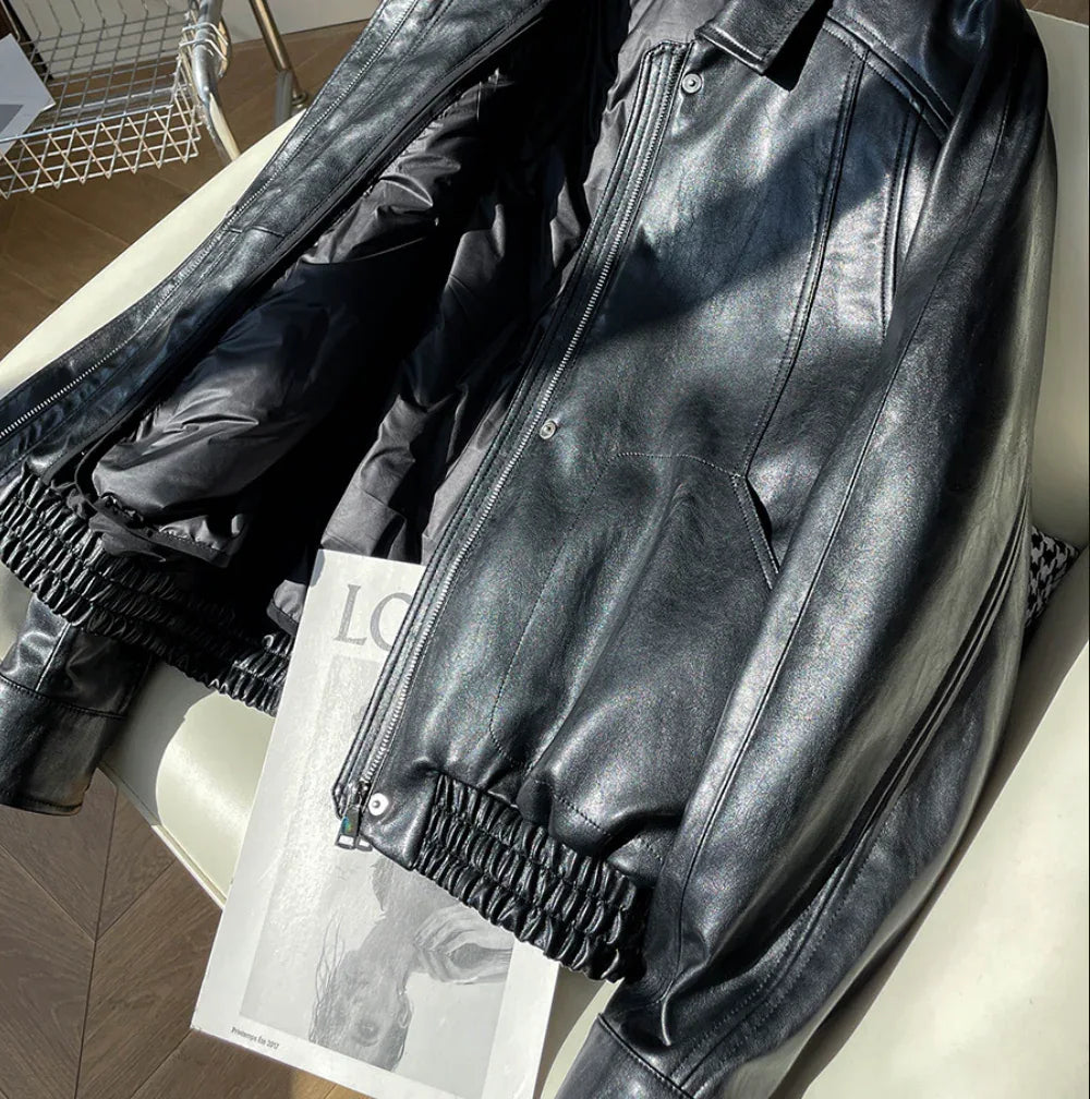 Women Oil-Waxed Oversized Genuine Sheepskin Leather Jacket