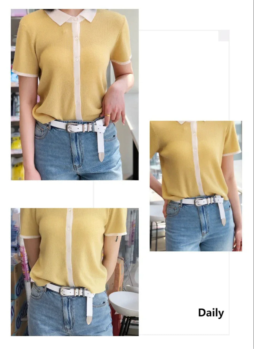 Retro silver buckle cowhide women leather belt