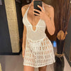 White crochet halter backless beach cover up