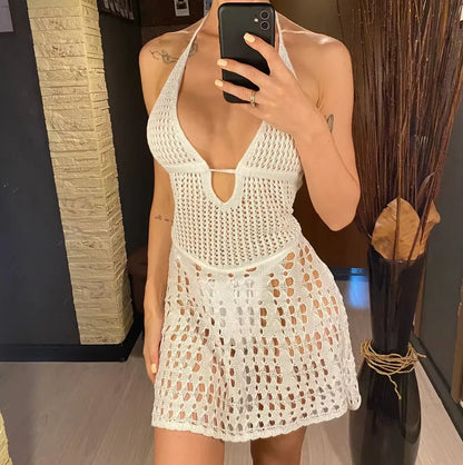 White crochet halter backless beach cover up