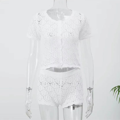 Casual hollow out knitted short set women